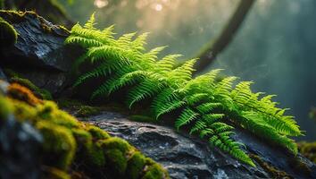 Fern Growing on Rock with Moss in Forest, Bright Sunlight photo