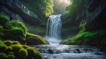 Waterfall Cascade Flowing Through Lush Green Forest Landscape Scenery photo