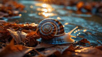 Snail Crawling on Fallen Leaves Near Water at Sunset with Bokeh photo