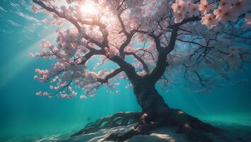 Blooming Cherry Tree Underwater with Sunlight and Sandy Ocean Floor photo