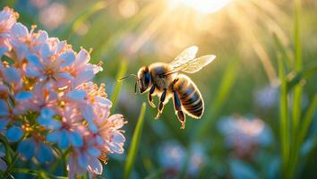 Bee Flying Near Blossom Flower with Sunlight During the Day photo