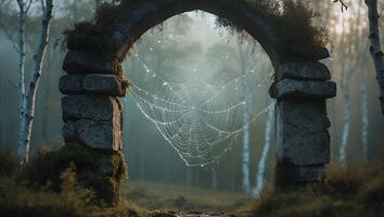 Spiderweb with Water Droplets on Stone Archway in Misty Forest photo