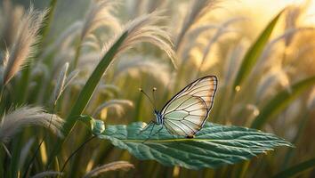 Butterfly Resting on Leaf in Meadow at Golden Hour Sunlight photo