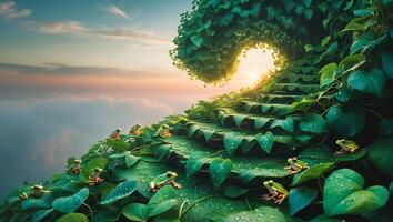 Frogs on Green Leaf Steps Towards Sky Fantasy Landscape Scene photo