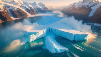 Massive Glacier Calving Into Ocean Surrounded by Snowy Mountain Peaks photo