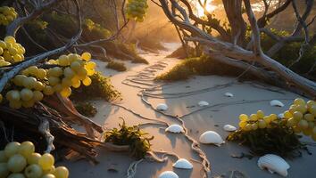 Sandy Beach Path with Seashells and Grapes at Golden Hour photo