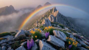 Rainbow Arches Over Rocky Mountain Ridge with Flowers and Mist photo