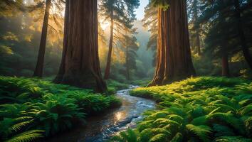 Serene Forest Stream Flowing Between Giant Trees with Ferns photo