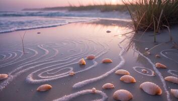 Seashells on Sandy Beach with Pattern at Sunset Creates Serene Scene photo