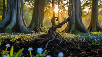Sprouting Tree Sapling with Exposed Roots in Sunny Forest Clearing photo
