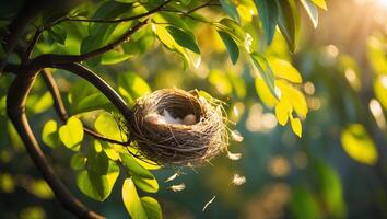 Bird Nest on Branch with Eggs and Feathers in Sunlight photo