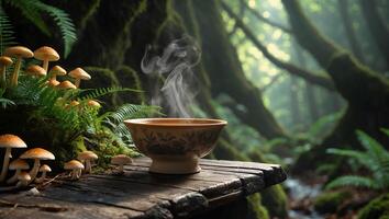 Steaming Bowl on Wooden Surface in Forest with Mushrooms photo