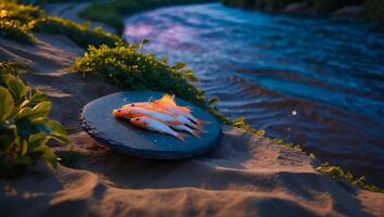 Fresh Fish Catch on Stone Plate Beside a Flowing River photo