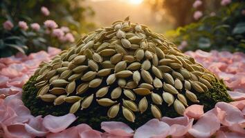Pile of Seeds on Moss with Flower Petals at Sunset photo