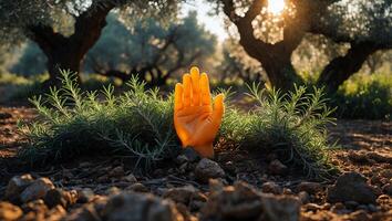 Hand Emerging From Ground with Rosemary and Olive Trees at Sunrise photo