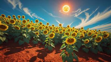 Vibrant Sunflower Field Under Sunny Sky with Wispy Clouds photo