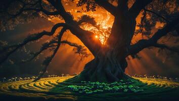 Large Old Tree at Sunset with Green Mushrooms and Sunrays photo