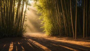 Sunlight Streaming Through Bamboo Forest Casting Shadows on Dirt Path photo