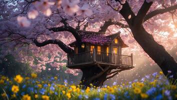 Fantasy Treehouse in Spring Blossom Garden with Warm Light photo
