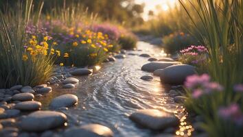 Flowing Stream at Sunset with Wildflowers and Smooth River Stones photo