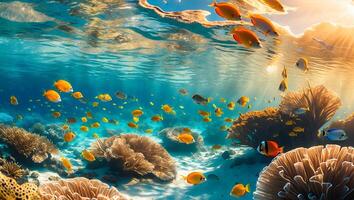 Swimming Goldfish School Around Coral Reef with Sunlight Filtering Through Water photo