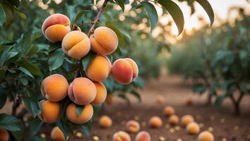 Apricots Growing on Branch in Orchard at Golden Hour photo