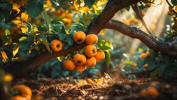 Orange Fruits Growing on Tree Branch in Orchard with Sunlight photo