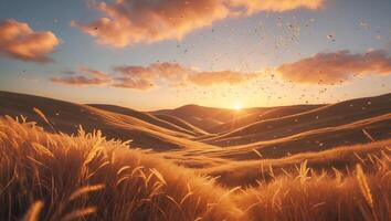 Golden Field at Sunset with Hilly Landscape and Warm Sunlight photo