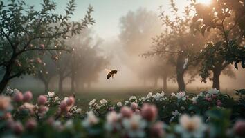 Bee Flying Over Blossoms in Misty Orchard at Sunrise photo