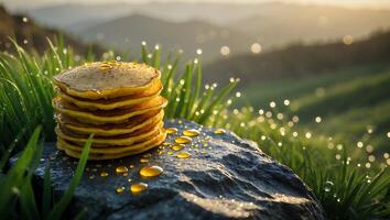 Stack of Pancakes Outdoors on Stone with Syrup in Golden Light photo