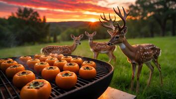 Grilling Fresh Persimmons at Sunset with Deer Grazing Nearby photo