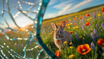 Rabbit Sitting in a Meadow of Colorful Flowers with Dreamcatcher photo
