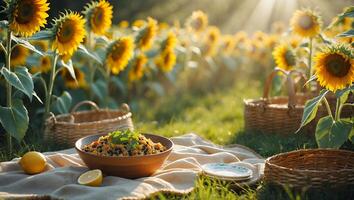 Picnic in Sunflower Field with Grain Salad and Lemons photo