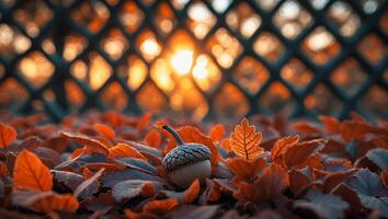 Acorn and Fallen Autumn Leaves on Ground with Blurred Sunset photo