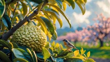 Bird Perched on Branch with Fruit and Cherry Blossom Trees photo