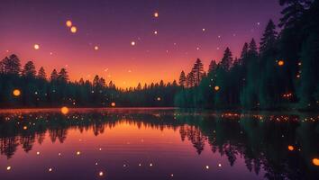 Reflecting Forest Lake at Dusk with Fireflies and Colorful Sky photo