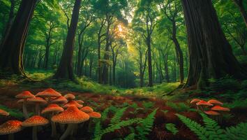 Mushrooms and Trees in Forest with Sunlight Streaming Through Canopy photo
