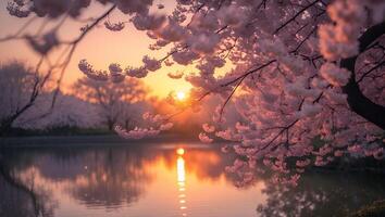 Blooming Cherry Blossoms Reflecting Sunset Light on Calm Lake Water photo
