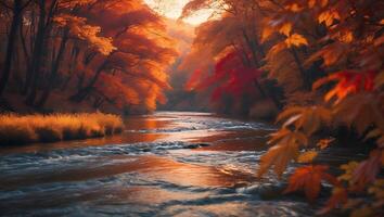 River Flowing Through Autumn Forest with Vibrant Fall Foliage Reflection photo