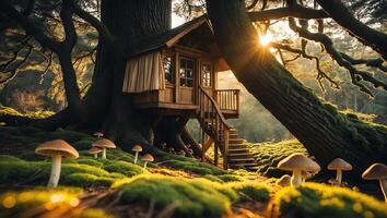 Treehouse Among Mushrooms in a Bright Sunny Forest Landscape photo