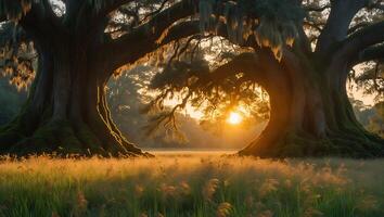 Majestic Old Oak Trees at Sunrise Casting Golden Light on Meadow photo