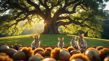 Bunnies Gathered Near a Grand Oak Tree with Acorns on Ground photo