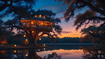 Treehouse at Dusk with Lake Reflection and Soft Lantern Light photo