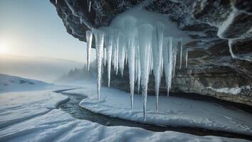 Icicles Hanging From Rock Formation Above Snowy Stream Winter Day photo
