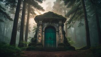 Green Door in Stone Structure Amidst Foggy Forest Landscape photo