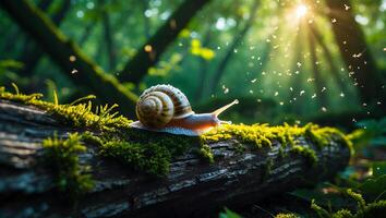 Snail Crawling on Mossy Log in Forest with Sunlight Streaming Through photo