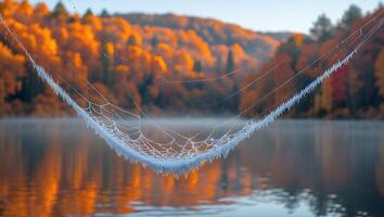 Icy Spiderweb Over Water Reflecting Autumn Colors in Forest photo
