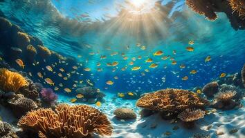 Underwater Coral Reef Scene with School of Fish and Sunlight photo