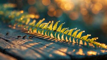 Ants on Wooden Surface with Fern Leaf and Bokeh Lighting photo