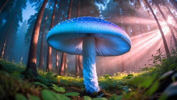 Glowing Blue Mushroom in Forest with Sun Rays Through Trees photo